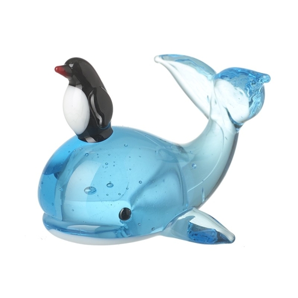 Glass Blue Whale with Penguin