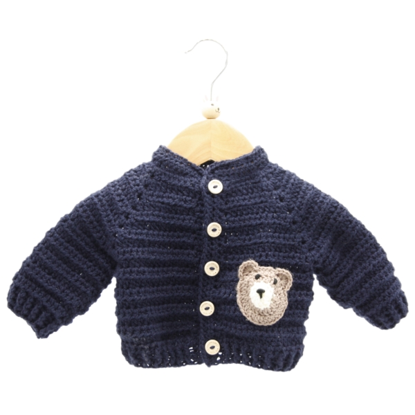 Crochet Navy Blue Cardigan, Embellished with Teddy Bear, , Size 6-12 Months