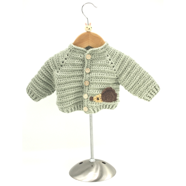 Crochet Sage Green Cardigan, Embellished with Hedgehog, , Size 2-3 Years