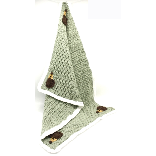 Crochet Sage Green Blanket, Embellished with Hedgehog, , Size 