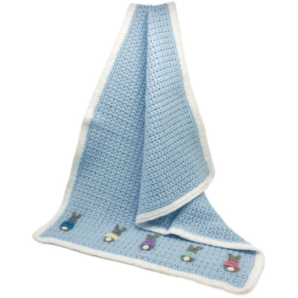 Crochet Light Blue Blanket, Embellished with Grey Rabbits, Wearing a Pink, Yellow, Blue, Liaic Jumpers, Size 45 x 75 cm approximately