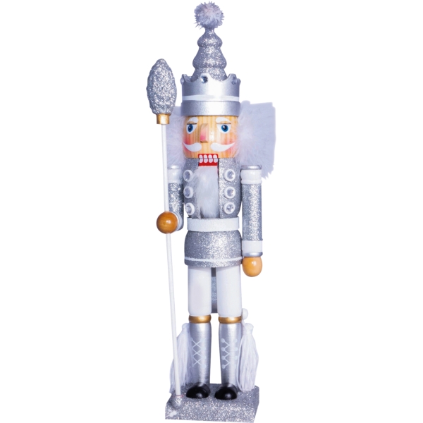 Nutcracker Christmas Decoration with Staff - Silver and White, 40cm