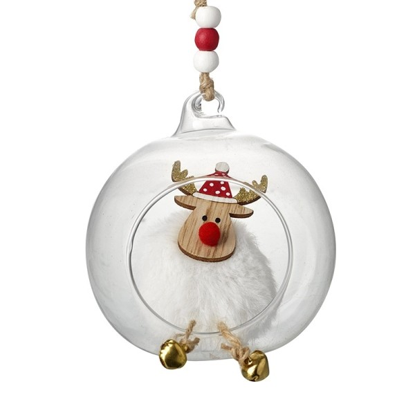 Glass Bauble with White Fluffy Raindeer