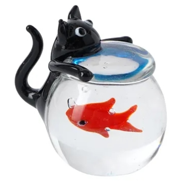Glass Black Cat with Fish Bowl