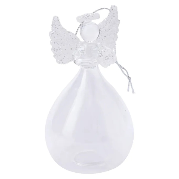 Glass Silver Heart Angel with Feather