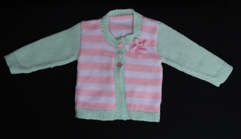 Green Cardigan with Pink and White Stripes