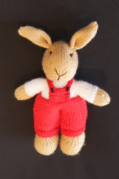 Hand Knitted Rabbit wearing in Red Dungarees