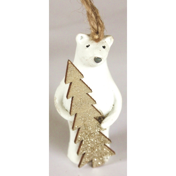 Hanging Polar Bear with Gold Christmas Tree