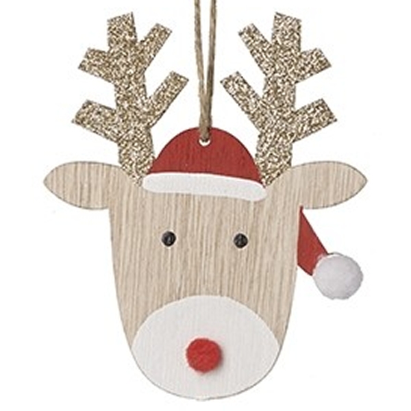 Hanging Wooden Xmas Reindeer Head with Santa Hat