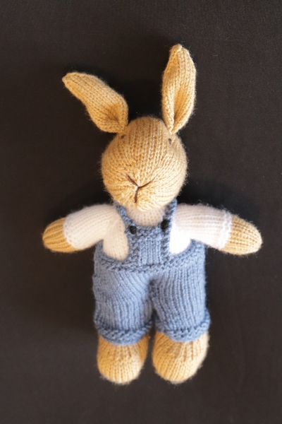 Hand Knitted Rabbit wearing in Blue Dungarees