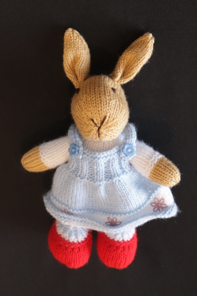 Hand Kinitted Girl Rabbit wearing a  Blue Dress