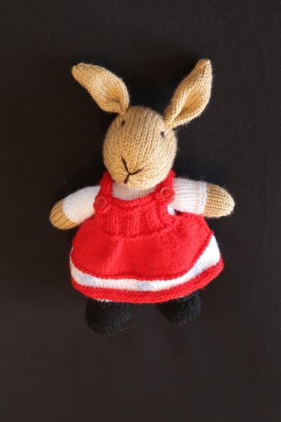 Hand Knitted Girl Rabbit wearing Red Dress 