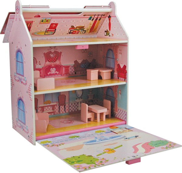 Wooden Small Doll House with 7pcs Furniture