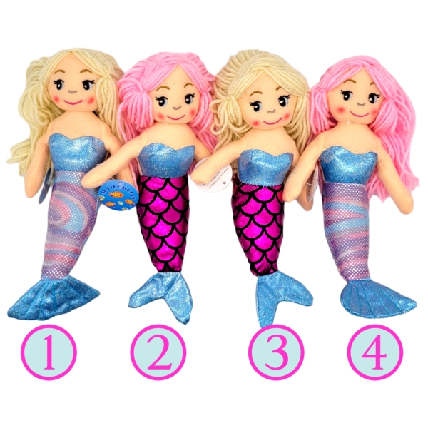 Cuddly Mermaid with Blonde Hair and Coloured Tail - 22cm